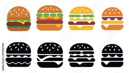Burger icon vector set, fast food unhealthy diet icon collection representing poor dietary choices and health risks, junk food symbols for nutrition awareness, healthcare campaigns and lifestyle 