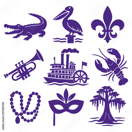 vector isolated purple color Louisiana traditional cultural symbols