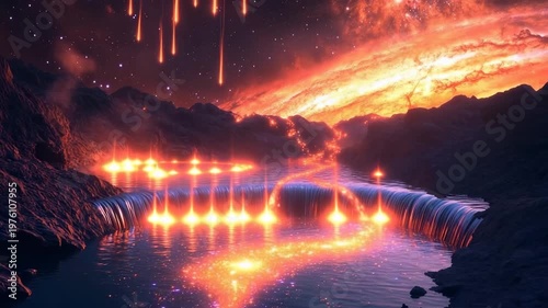 Cosmic landscape where shooting stars cascade into a vibrant galaxy under a starlit sky