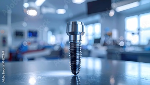 Polished Titanium Dental Implant Screw Fixture with Intricate Threads, Standing Tall on a Reflective Surface