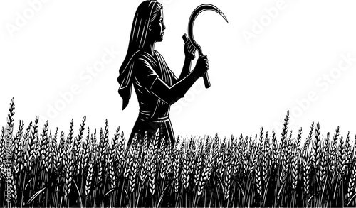 Woman with Sickle Silhouette Wheat Harvest Egypt Agriculture Village Black Vector