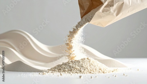 Powdered whey protein isolate being poured from a bag onto a white surface