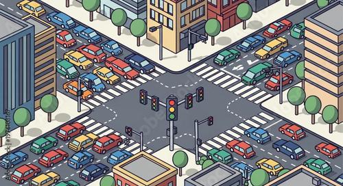 Isometric City Intersection with Heavy Traffic Congestion.