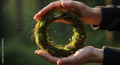 A person holding a small wreath made of green moss and twigs