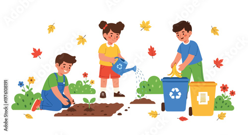 Three young children actively care for the environment by planting, watering seedlings, and sorting waste into recycling bins in a garden.