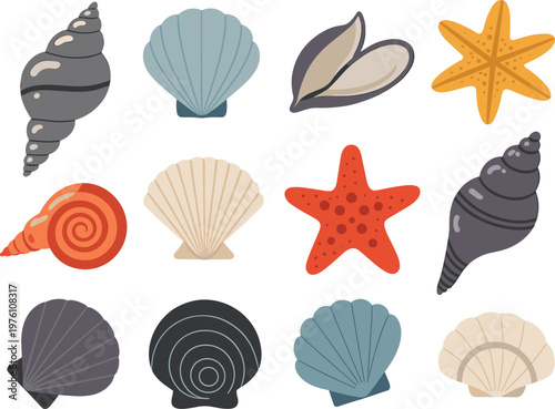 Flat seashell and starfish illustration set isolated for web, print, and design