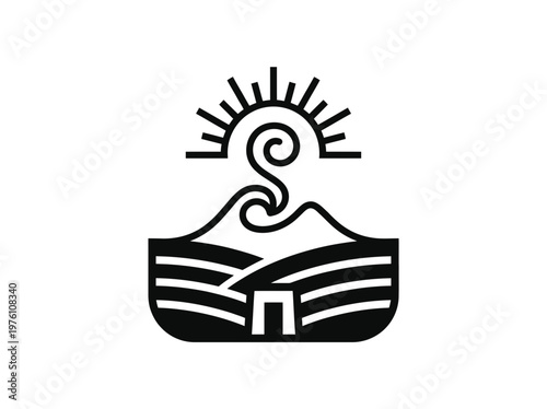 Geometric Andean sun crown emblem with stepped mountain motif
