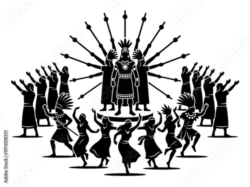 Sacred fire temple mask emblem with radiant sun rays