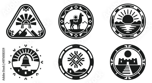 Inca stone handcrafts emblem with radiant sun motif