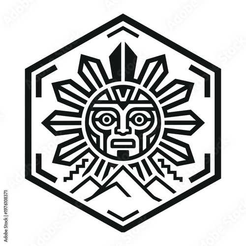 Sunrise fire altar emblem with mountain temple design