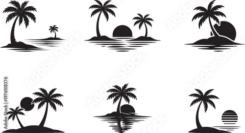 Tropical Island Collection With Palm Trees And Sunset Scenes Vector