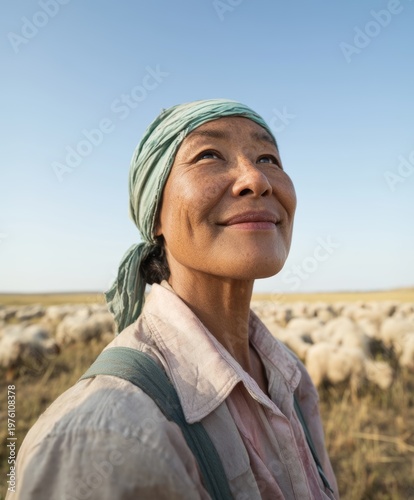 Ethnic Woman in Rural Setting, Wearing Scarf and Standing Among Herd of Sheep
