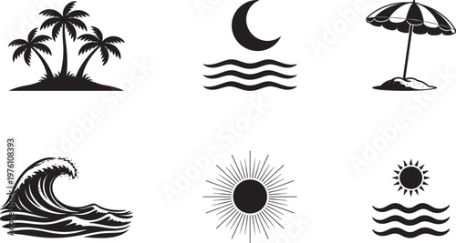 Beach Summer Collection With Palm Waves Sun And Umbrella Vector