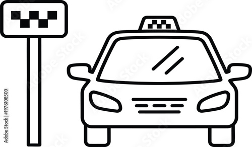 Taxi sign and car simple black and white illustration