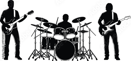 Silhouette of a rock band with two guitarists and a drummer performing on a white background musicians