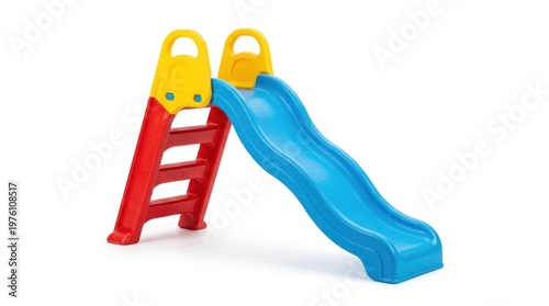 A blue and yellow plastic slide is positioned next to a red ladder. The slide is angled downwards, suggesting a playful activity.