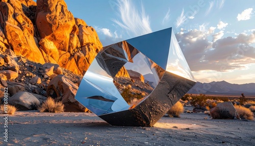 Reflective Geometric Sculpture Amidst Desert Landscape at Sunset