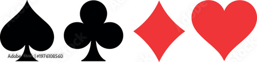 Set of four classic playing card suits and heart symbol on white background for games and gambling