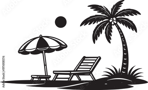 Beach Scene With Lounge Chair Umbrella And Palm Tree Vector
