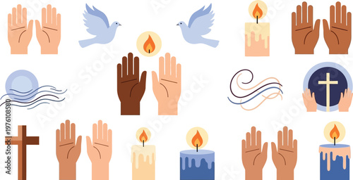 Hands in prayer and religious symbols are displayed as a collection of diverse spiritual icons.