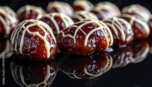 Rich dark chocolate drizzled over sweet dates in a decadent confectionary display