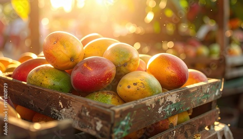 Ripe, Sun-Kissed Mangoes Overflowing in a Rustic Wooden Crate Bathed in Golden Sunlight