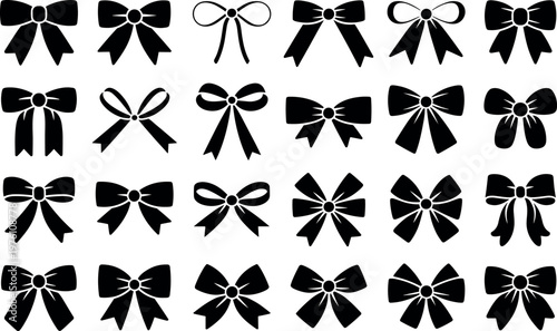 Collection of elegant black bow ties and ribbons set on white background for fashion and gift packaging