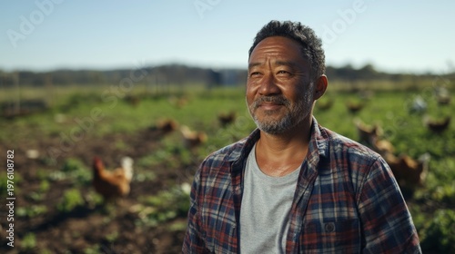 Older Man Farming Chickens in Field, Happy Expression, Rural Life
