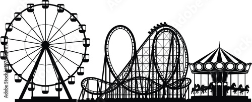 Silhouette of an amusement park with a Ferris wheel, a roller coaster, and a carousel creating a vibrant scene of entertainment and fun