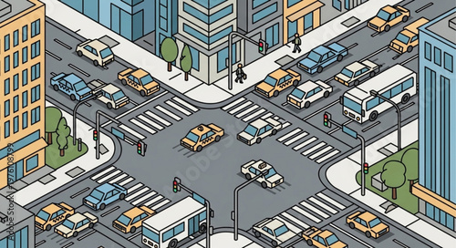 Isometric City Intersection with Cars and Pedestrians Illustration.