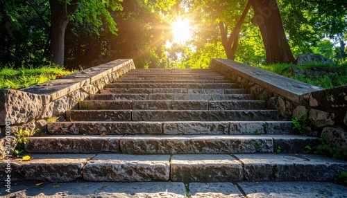 Rough-hewn granite steps bathed in warm sunlight, leading through lush green trees in a serene park.