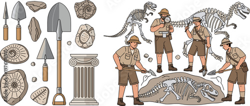 Archaeology and Paleontology Illustration Set Featuring Fossil Excavation Tools Scientists and Dinosaur Skeleton Discoveries in Detailed Educational Vector Collection