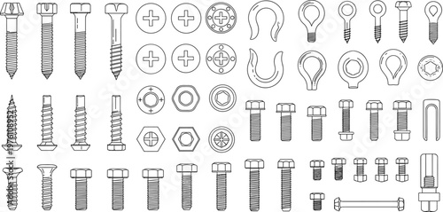 Comprehensive Set of Industrial Screws Bolts Nuts Fasteners and Hardware Elements in Detailed Outline Style for Construction and Engineering Design