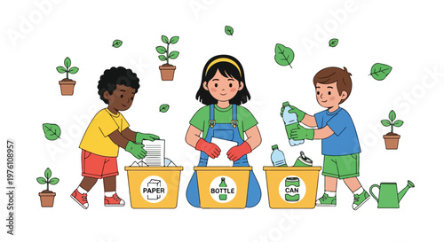 Three diverse children are happily sorting paper, bottles, and cans into recycling bins to protect the environment and learn about sustainability.