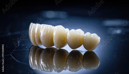 Row of Dental Crowns and Bridge Restorations Reflecting on a Dark Surface