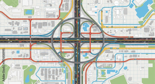 Detailed Overhead View of a Complex Highway Interchange System.
