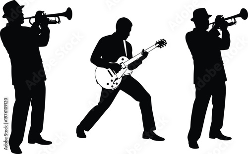 Silhouette of three musicians playing instruments, one guitarist and two trumpeters, in dynamic poses against a white background
