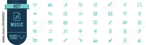 Music Line Icon Set Editable Stroke, Audio, Sound, Instruments, Media Player, Playlist, Headphones, Recording Studio Outline Icons Collection