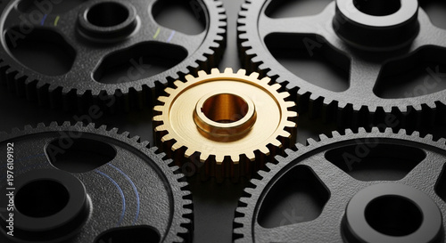 A close-up view of interlocking gears with one gold gear