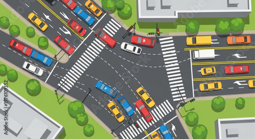 Aerial View of a Busy City Intersection with Cars.