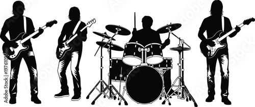 Silhouettes of a rock band performing with electric guitars and a drum set, capturing the energy of a live music performance