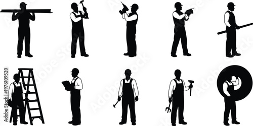 Silhouettes of construction workers in various poses with tools and equipment demonstrating different trades and tasks