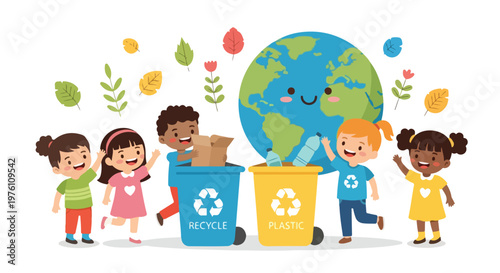 Five diverse children happily recycle items into labeled bins beneath a smiling cartoon Earth, promoting environmental care and sustainability.