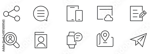 Contact icons set. Business and communication icon set. Phone, mail, location, chat, support and contact symbols for web and print. Thin line vector illustration on transparent background 