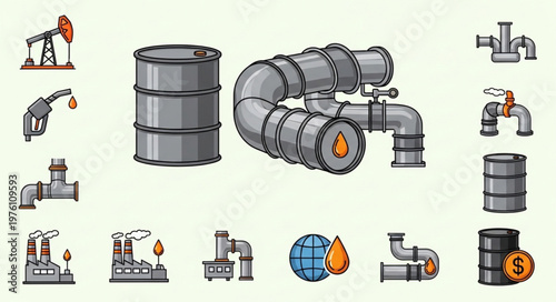 Oil Industry Elements - Barrel, Pipeline, Pump, and Refinery Icons.