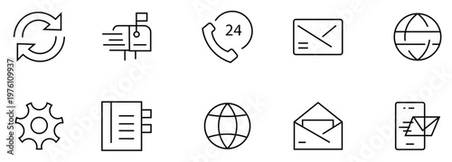Refresh, Mailbox, 24h Support, Letter, Wire Globe, Gear Settings, Notebook, Grid Earth, Envelope, Mobile Mail, Communication Logistics Icon Set, Vector