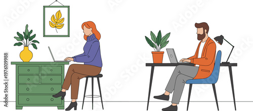 Modern Remote Work Illustration Featuring Two People Working from Home with Laptops in Minimalist Interior Workspace Setting