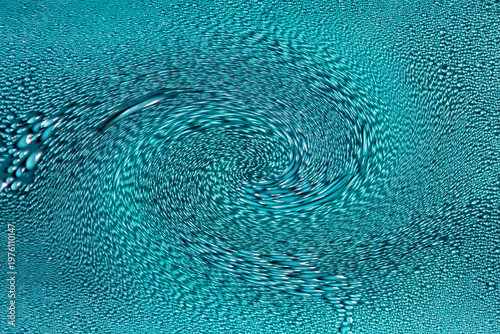 Blue turquoise surface with water droplets forming spiral swirl pattern. Macro photography of condensation texture with vortex distortion. Abstract liquid motion concept. Design for wallpaper, poster