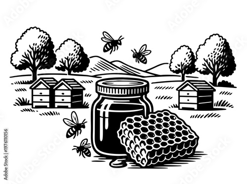 Hand drawn honey jar with honeycomb and bees in countryside. Vintage apiary scene with houses and trees. Vector black ink outline illustration in engraving style,