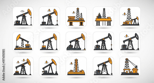 Collection of Oil Pumpjack Icons for Energy Industry Concepts.